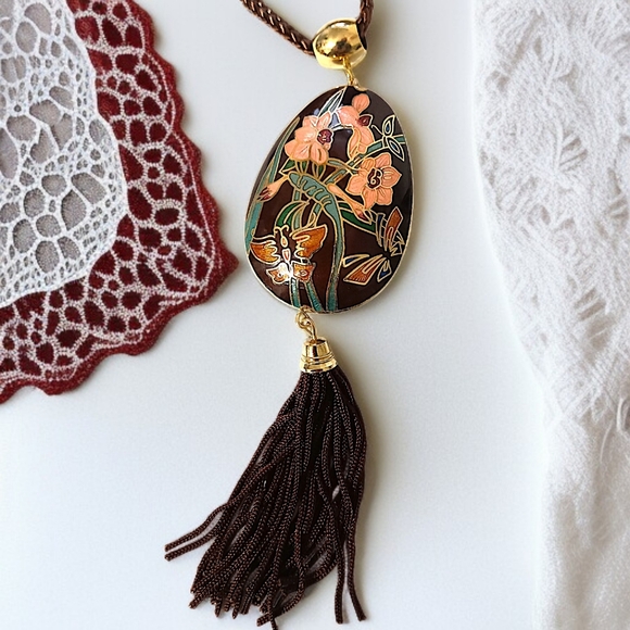 Vtg Cloisonne‎ Tassel Butterfly Necklace 70s Pendant Woven Cord Brown Dual Sided - Picture 14 of 16
